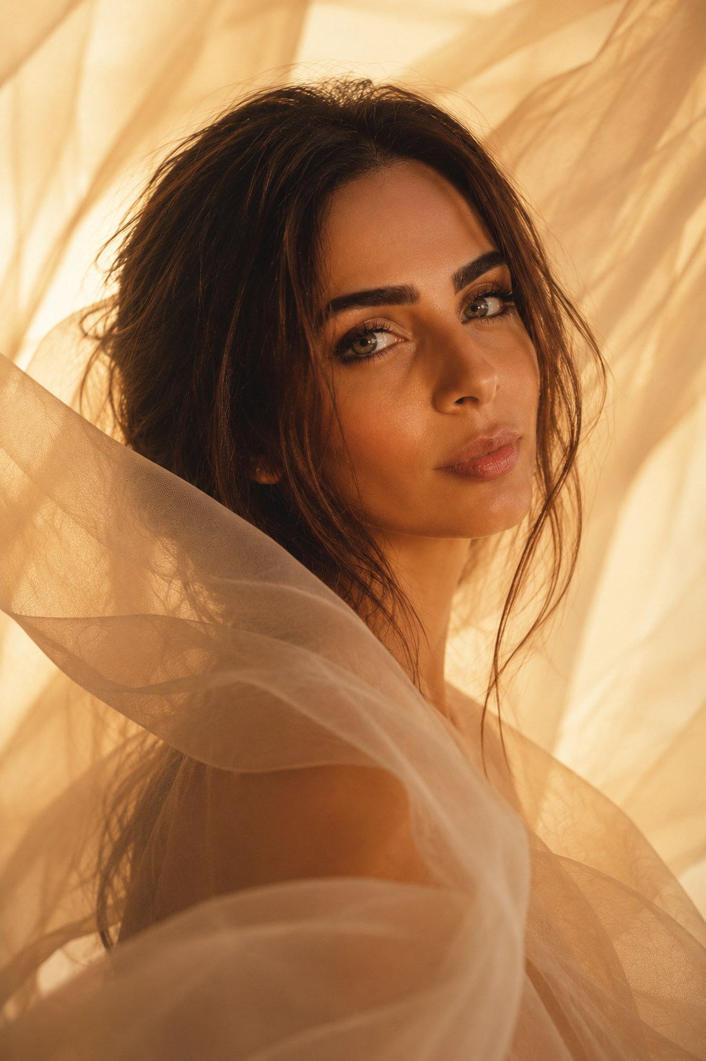 Woman in warm golden light with flowing translucent cream fabric