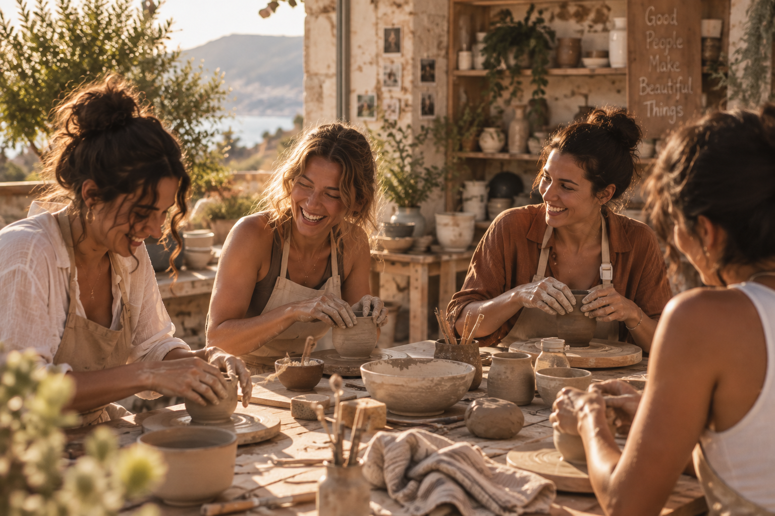 Women shaping clay together in a warm, sunlit ceramics workshop