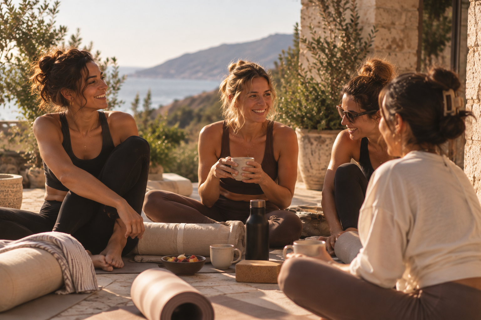 Women talking over coffee on a sunlit Mediterranean terrace after gentle movement